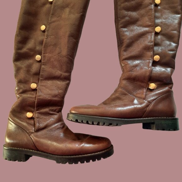 Michael Kors Tall Riding Boots Brown Leather US 8 Snap Buttons Faux Fur Lining - Picture 3 of 9